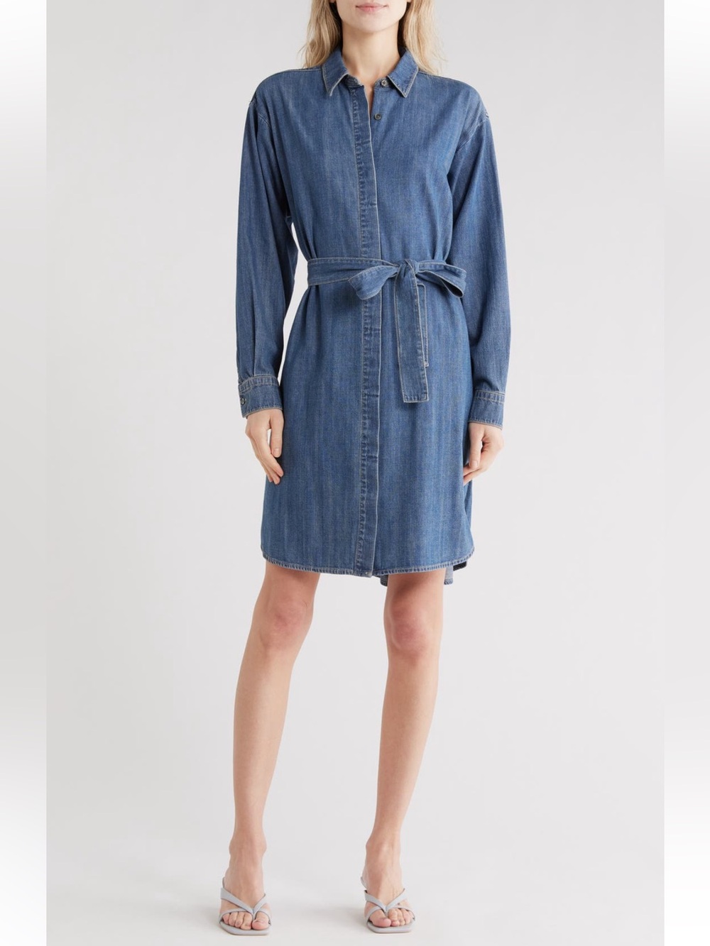 James Perse Long Sleeve Denim Shirt Dress Medium Wash & Tie Waist 100% Cotton